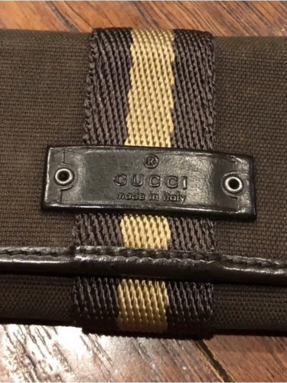 Gucci Brown Leather Card Case with Tan and Black Web Stripe
